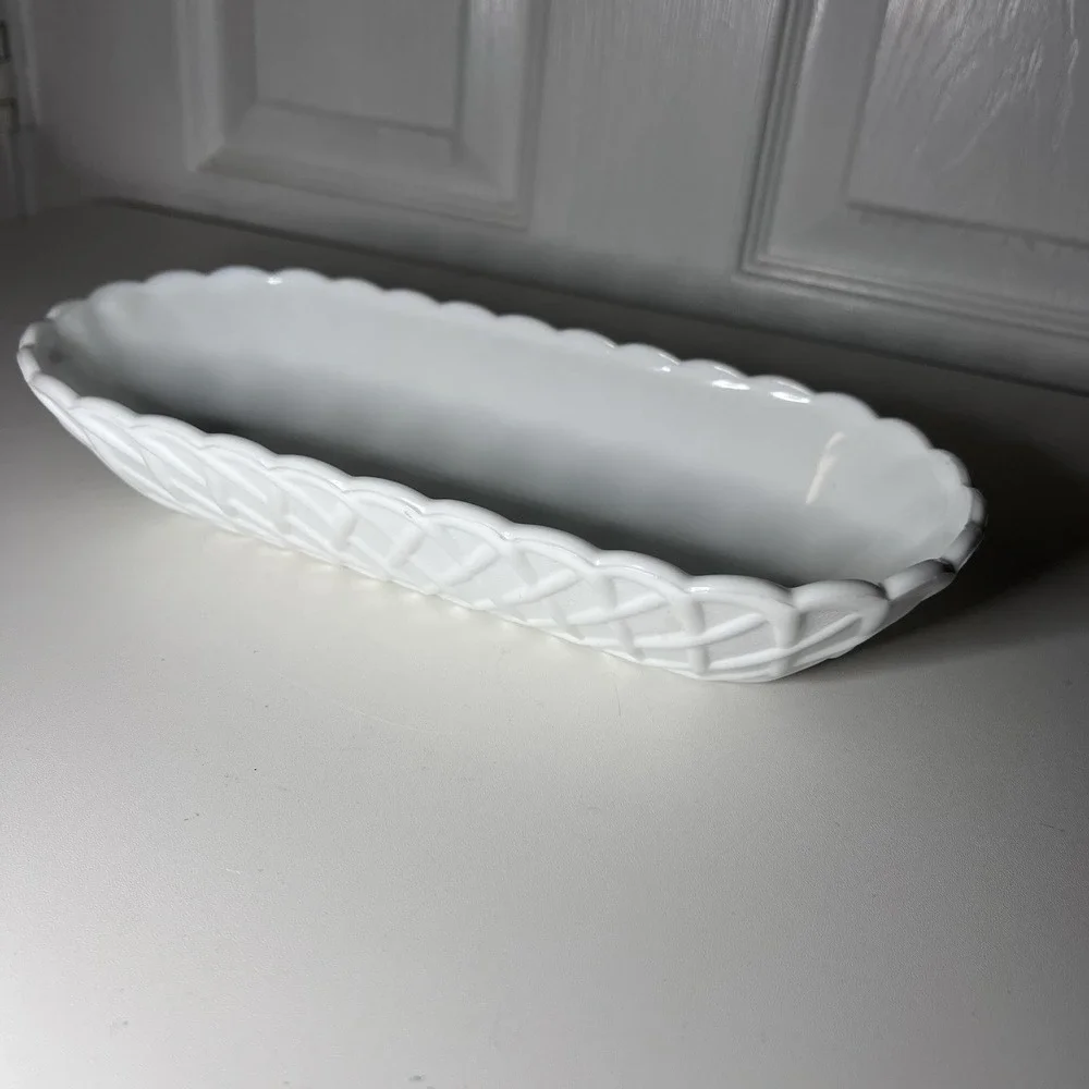 Vintage Indiana Glass Pretzel Pattern Milk Glass Dish Scalloped Rim Oblong 10.25